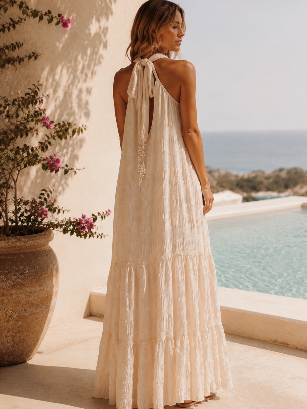 House of Harlow 1960 Pearl Tie Halter Maxi Dress Cream S NWT